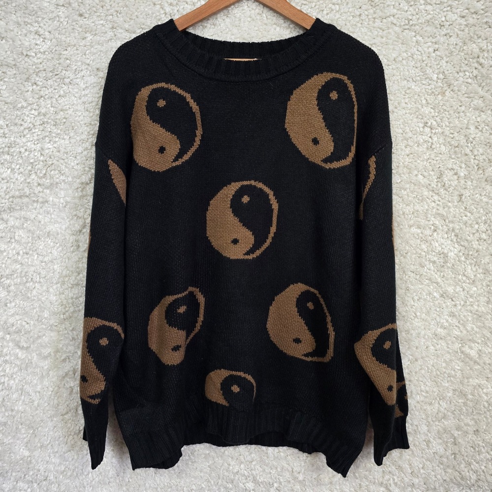 Earthbound Trading‎ Co Yin Yang Sweater Womens Large Black Tan Double Knit Boho